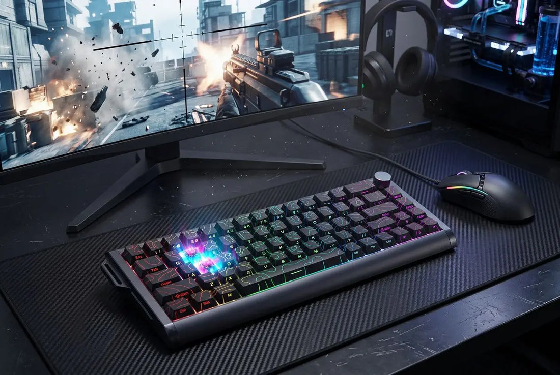 hall effect keyboard mechanical on a desk with gaming background on screen