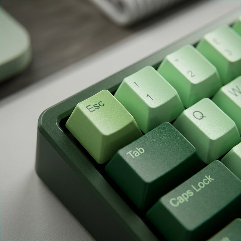 Close-up of a mechanical keyboard with a green keycap set, featuring light green Esc, 1, 2, and W keys, a dark green Tab key, and a dark green Caps Lock key.