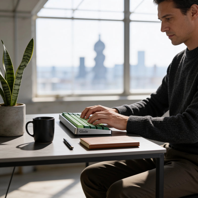 A man in a dark gray sweater types on a compact mechanical keyboard with green keycaps at a desk in a bright, modern office. A black mug, a notebook, and a potted snake plant are on the desk, with a large window and city skyline in the background.