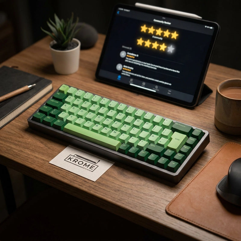 A green mechanical keyboard with a dark frame sits on a wooden desk next to a tablet, notebook, plant, and coffee cup. A small card on the desk reads KROME.