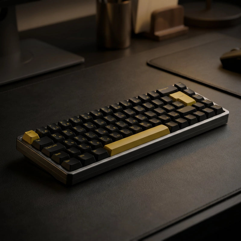 A mechanical keyboard with black keycaps and prominent gold accent keys, resting on a dark desk mat with a blurred office background.