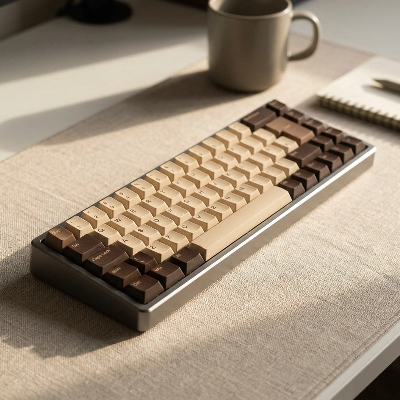 A mechanical keyboard with a silver aluminum case and mixed beige and dark brown keycaps, styled on a beige fabric desk mat with a gray mug and notebook in the background.