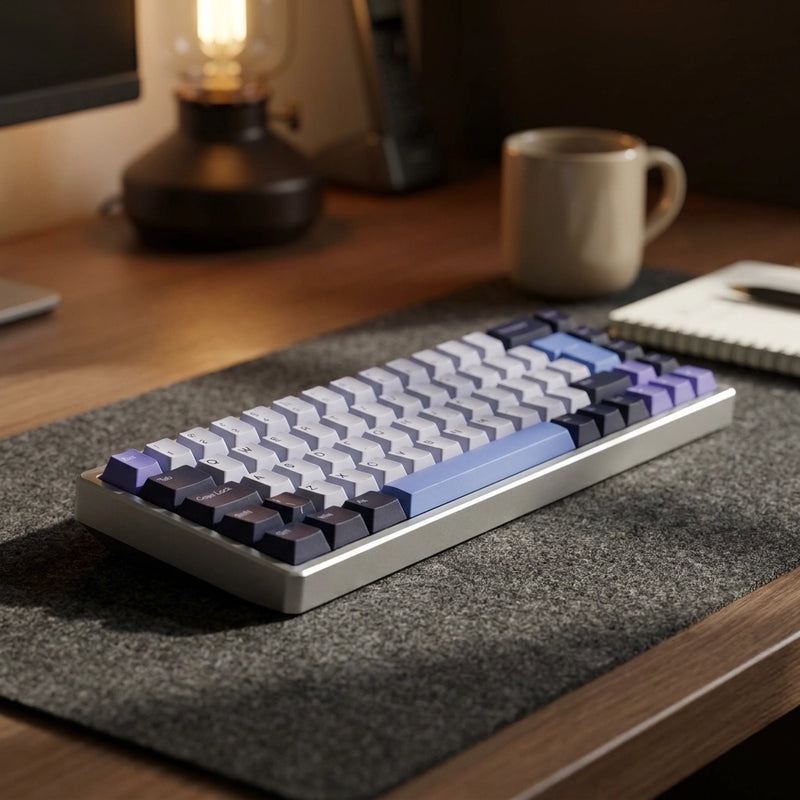 close up of purple compact keyboard on a computer desk