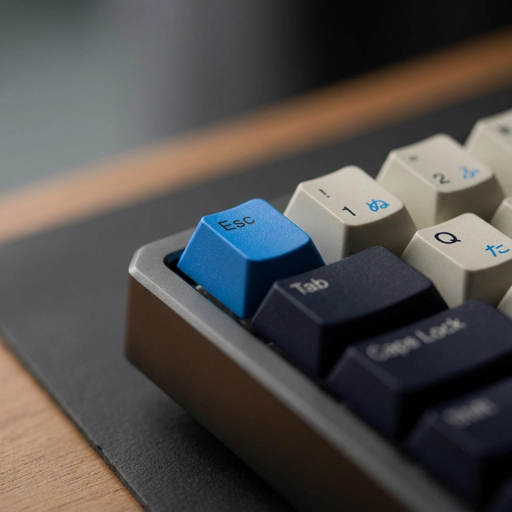 A close-up of a mechanical keyboard showing a bright blue Esc key surrounded by dark navy, black, and cream-colored keys, resting on a dark desk mat over a wooden surface.