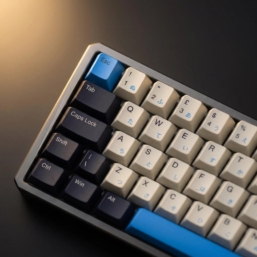 Close-up of a mechanical keyboard with cream-colored keycaps, black modifier keys, and bright blue accent keys including the Enter key and bottom row, photographed on a dark surface.