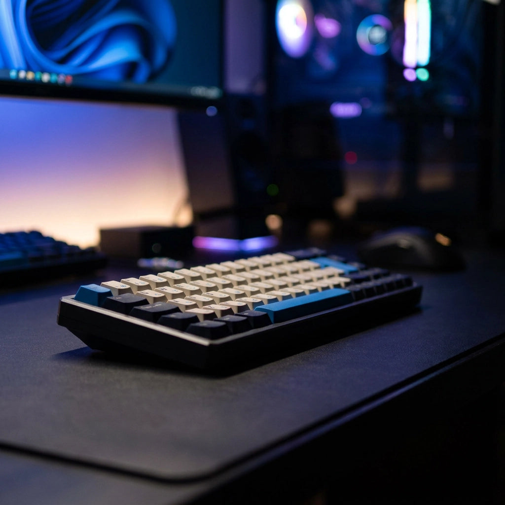close up of compact keyboard with blue and off white kecaps on a computer desk