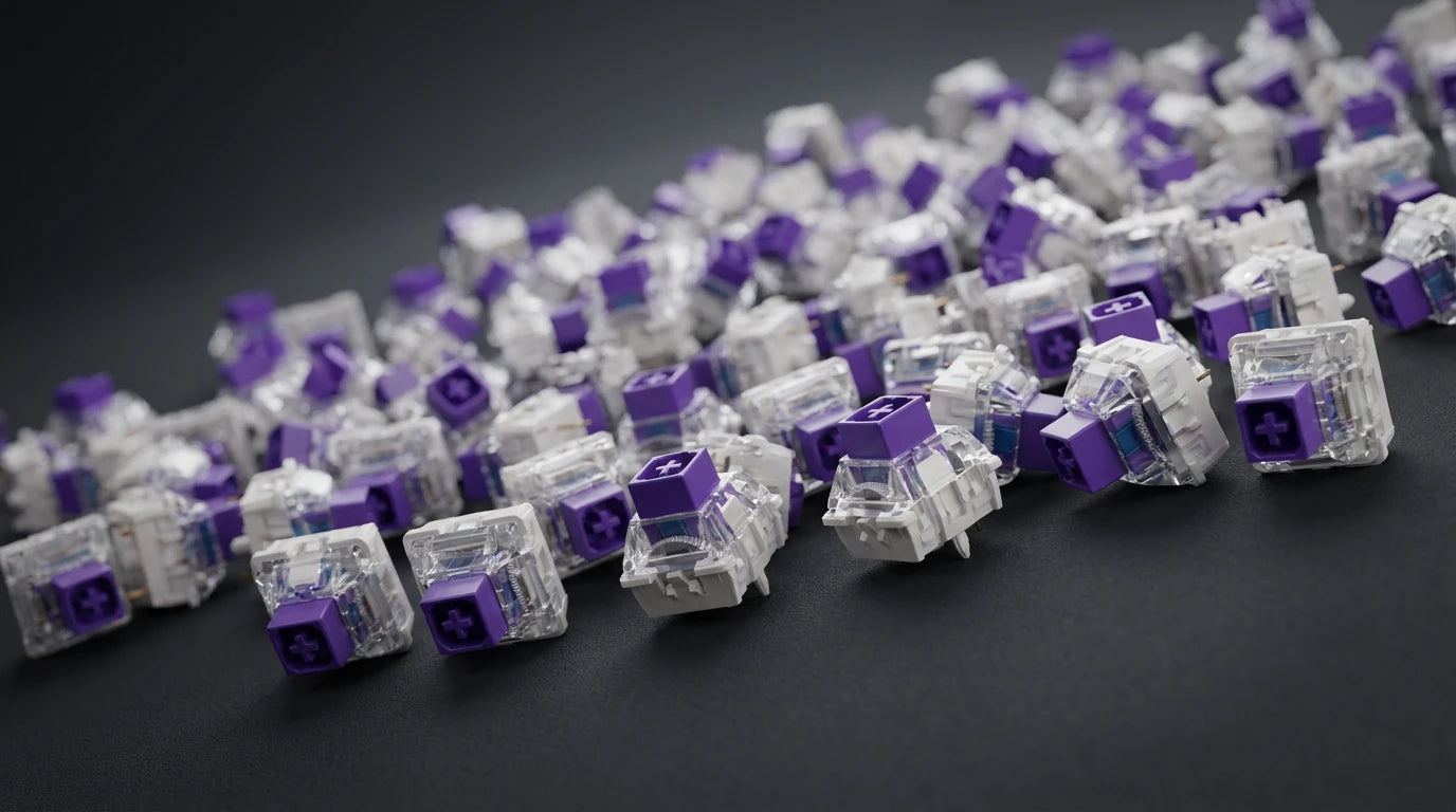A pile of clear mechanical keyboard switches with purple keycaps and purple side accents, arranged on a dark gray surface.
