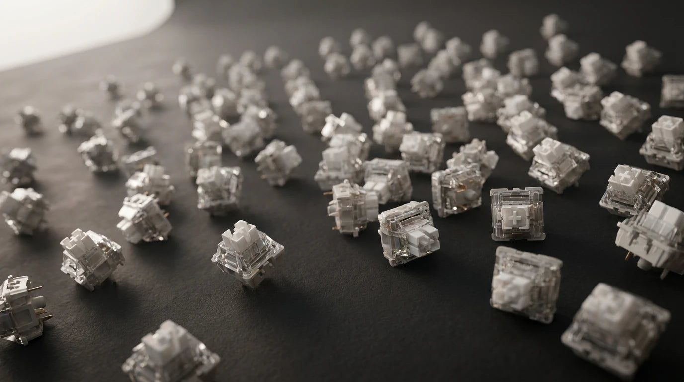 A close-up, shallow depth-of-field shot of numerous clear, transparent mechanical keyboard switches scattered across a dark, matte surface.