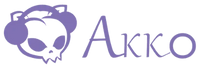 A purple cartoon skull wearing headphones next to the logo of the company AKKO on a plain white background.