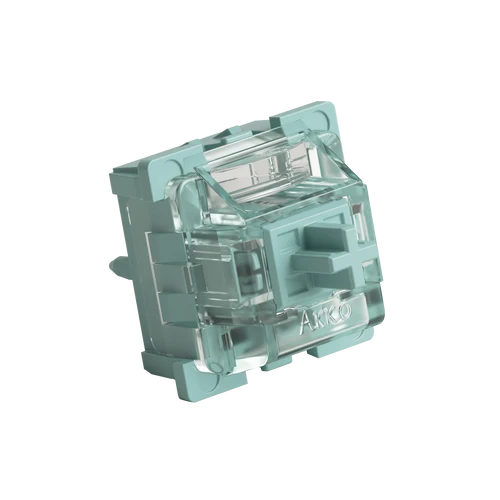 A translucent aqua mechanical keyboard switch module with a clear top cover and a silver 'AKKO' logo on the front, isolated on a white background.