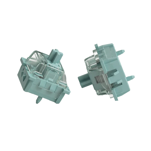 Two light blue mechanical keyboard switches with transparent keycaps, shown from different angles on a plain white background.