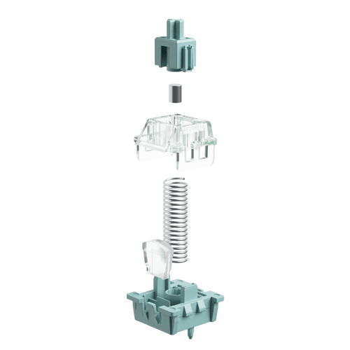 An exploded view of a mechanical keyboard switch showing its internal components: a mint green top and bottom housing, a silver metal spring, a clear plastic plate, and a small silver metal pin, all arranged vertically on a solid white background.