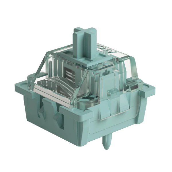 A single mechanical keyboard switch in a translucent mint green color, shown from a three-quarters perspective on a solid white background.