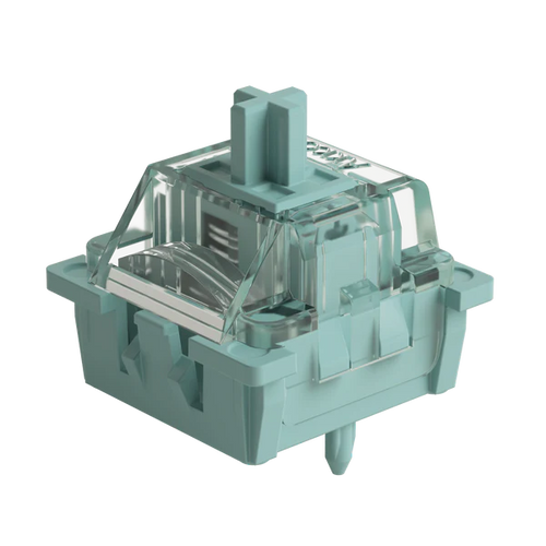 A single mechanical keyboard switch in a translucent mint green color, shown from a three-quarters perspective on a solid white background.