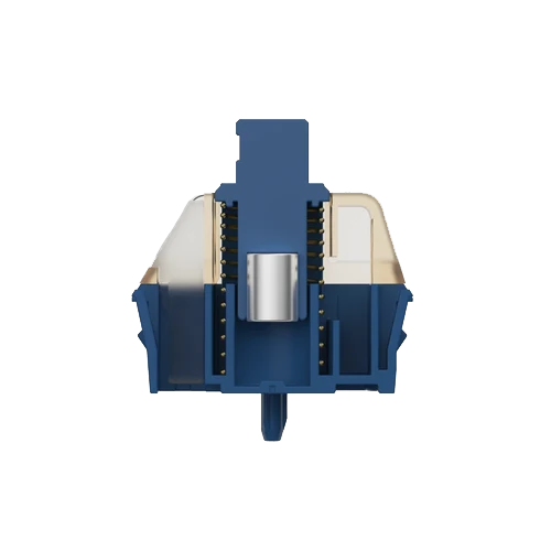 A close-up, front-facing view of a mechanical keyboard switch with a blue frame, beige translucent spring plate, and a silver central actuator on a plain white background.