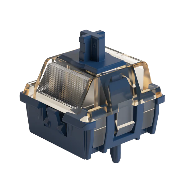 A mechanical keyboard switch with a dark blue case, transparent acrylic guard, and gold-toned internal contacts, shown on a solid white background.