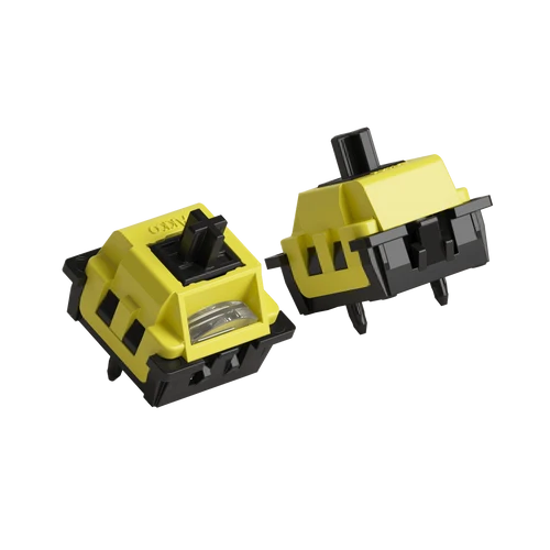 Two yellow and black tactile switch keycaps shown from different angles on a plain white background.