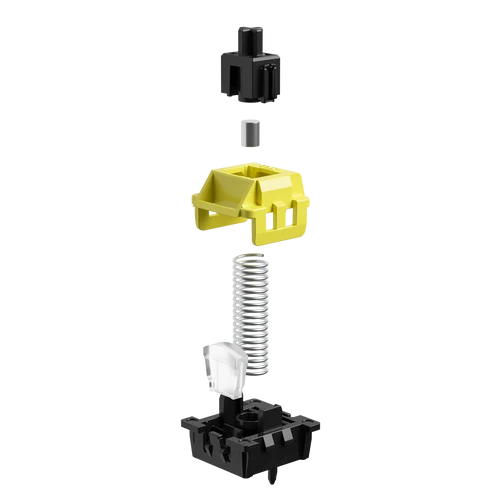 An exploded view of a mechanical switch keycap assembly, showing the black keycap, silver spring, yellow switch housing, and black switch base on a solid white background.