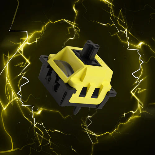 A yellow and black electrical switch component floating against a dark background with glowing yellow lightning effects.