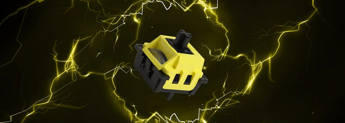 A yellow and black 3D-rendered mechanical switch or toggle component centered on a dark background with glowing yellow lightning effects.