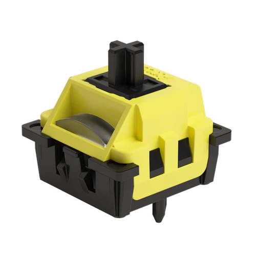 A mechanical keyboard switch module with a bright yellow top plate and a black base, featuring a visible silver ribbon cable and a black actuator pin on a plain white background.