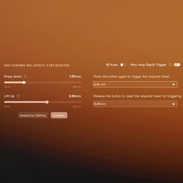 A digital control panel interface showing adjustable settings for key travel and deadzone calibration, with sliders and dropdown menus on a warm brown gradient background.