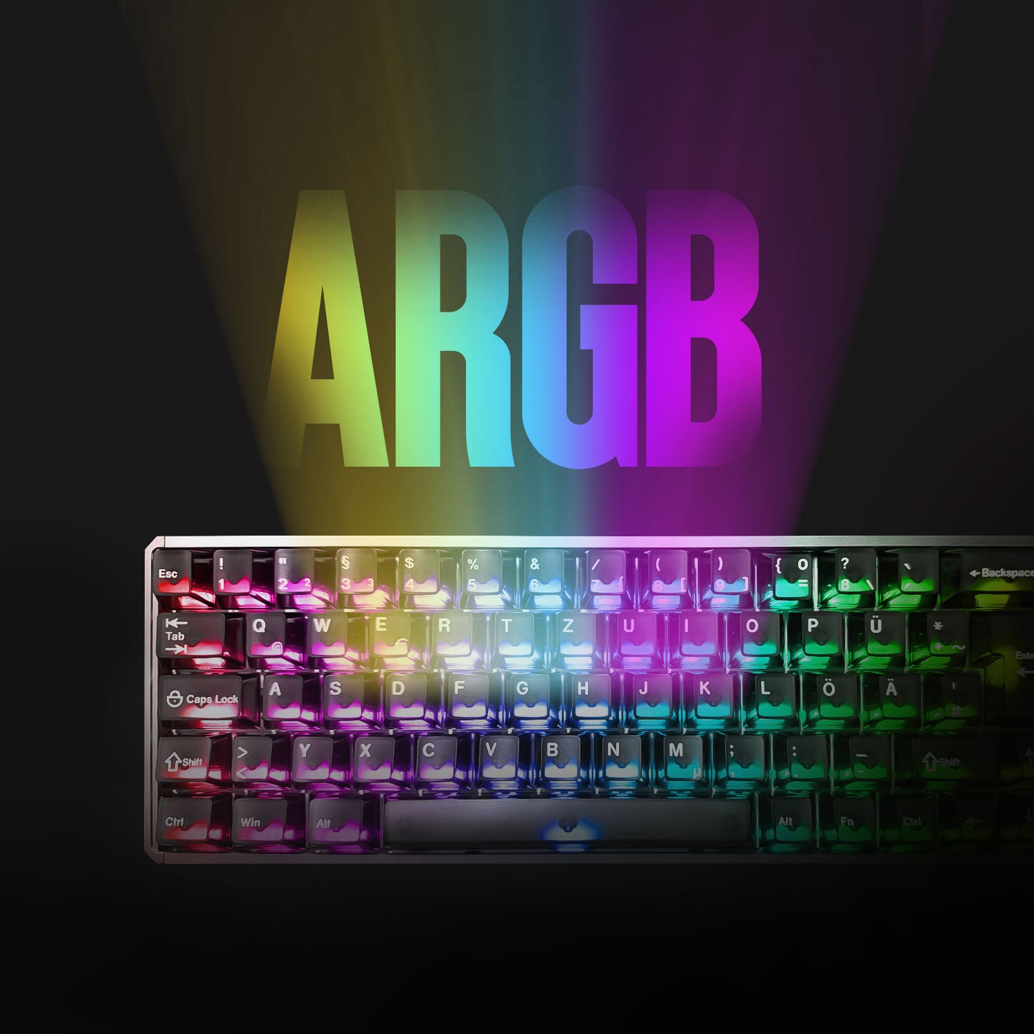 A compact mechanical keyboard with black keycaps and vibrant full-color RGB backlighting, shown against a dark background with the word 'ARGB' in large gradient letters above it.