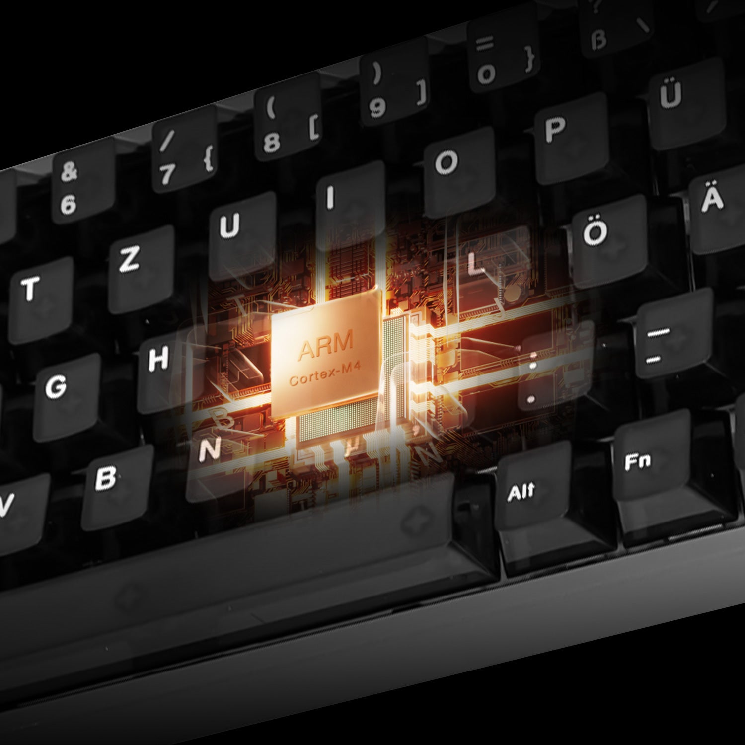 Close-up of a black mechanical keyboard with a glowing ARM Cortex-M4 processor graphic centered over the spacebar area, set against a dark background.