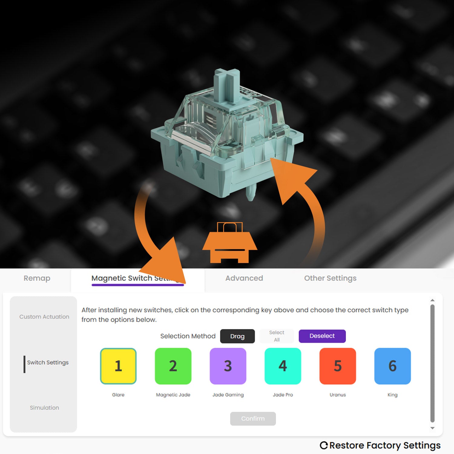 A digital guide showing a magnetic switch module above a keyboard, with orange arrows indicating rotation and a settings panel at the bottom labeled 'Magnetic Switch Type' and 'Selection Method' with color-coded switch options.