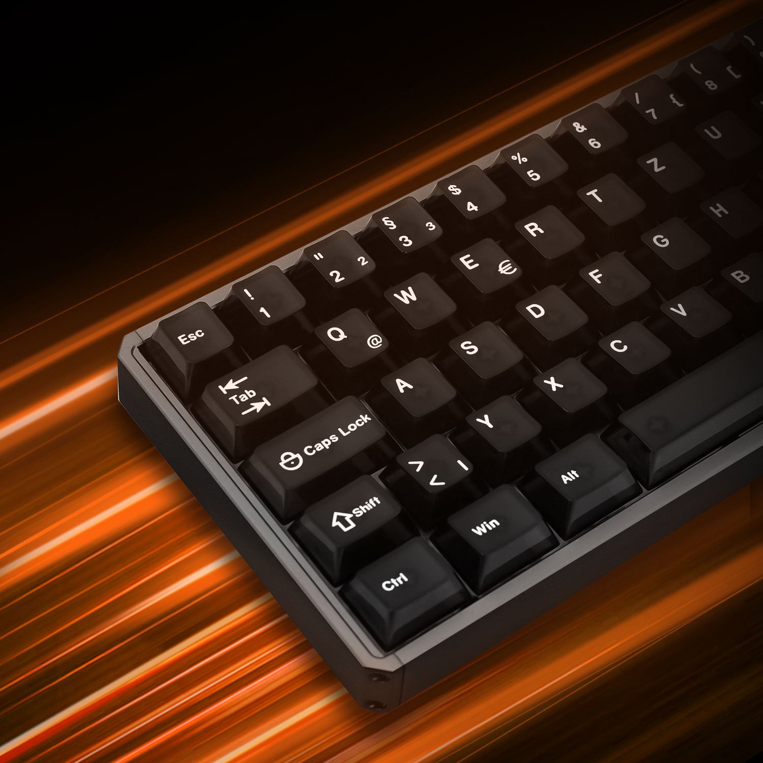 A close-up of a black mechanical keyboard with white key legends, shown at an angle against a dark background with glowing orange light streaks.