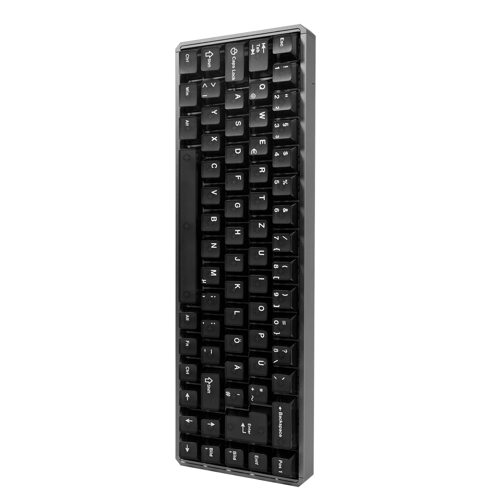 A slim, full-size mechanical keyboard with black keycaps and a dark gray frame, shown at an angle against a plain white background.