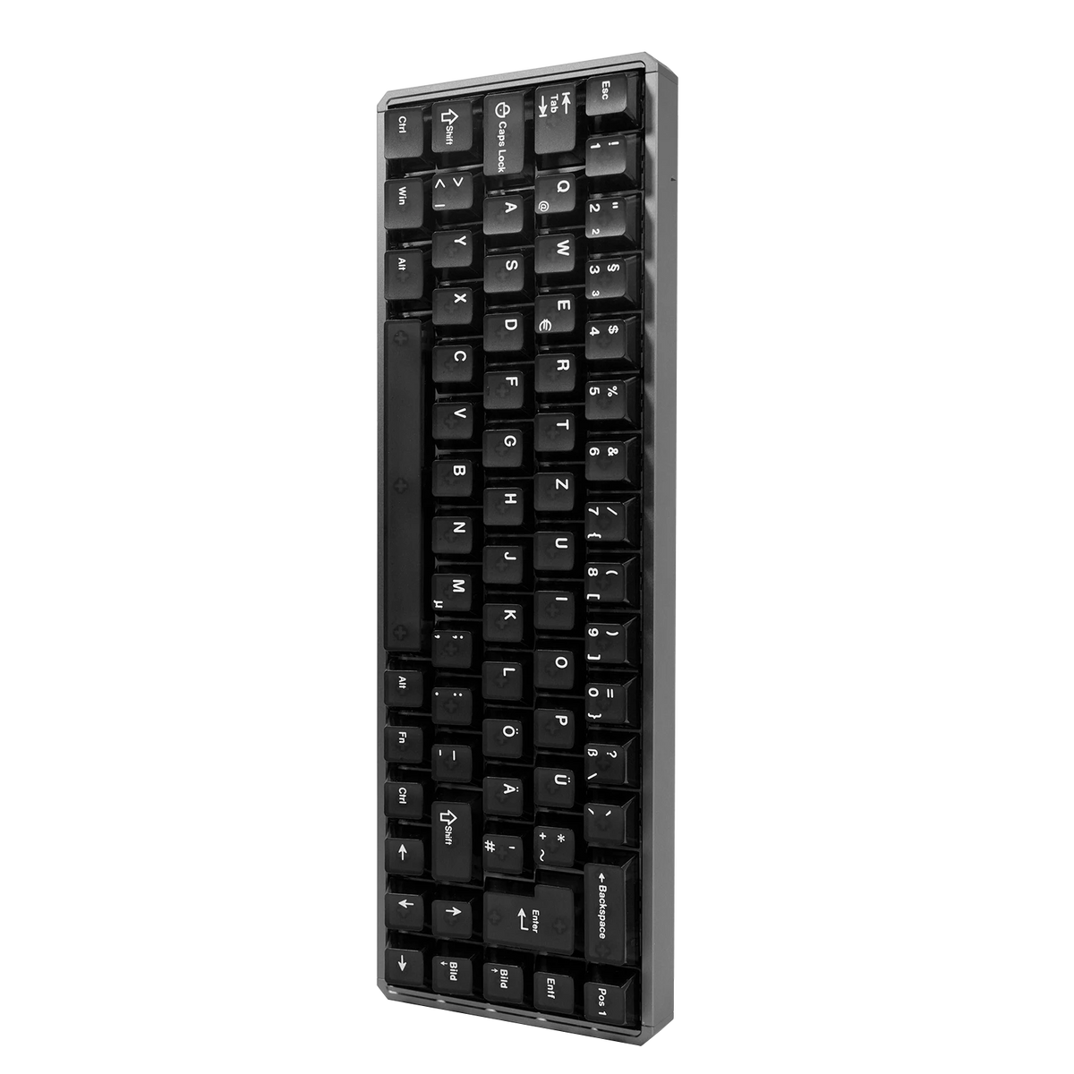 A slim, full-size mechanical keyboard with black keycaps and a dark gray frame, shown at an angle against a plain white background.