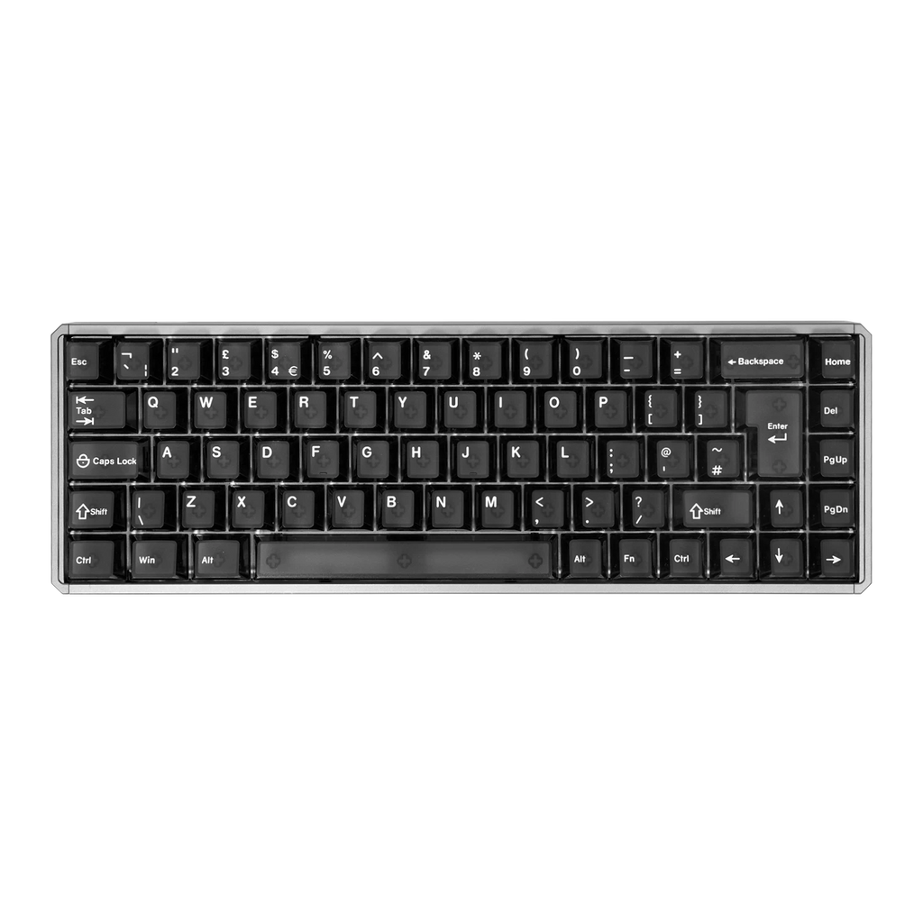 A compact, full-sized mechanical keyboard with black keycaps and a silver aluminum frame, shown from a top-down perspective on a solid white background.