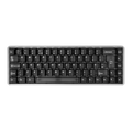 A compact, full-sized mechanical keyboard with black keycaps and a silver aluminum frame, shown from a top-down perspective on a solid white background.
