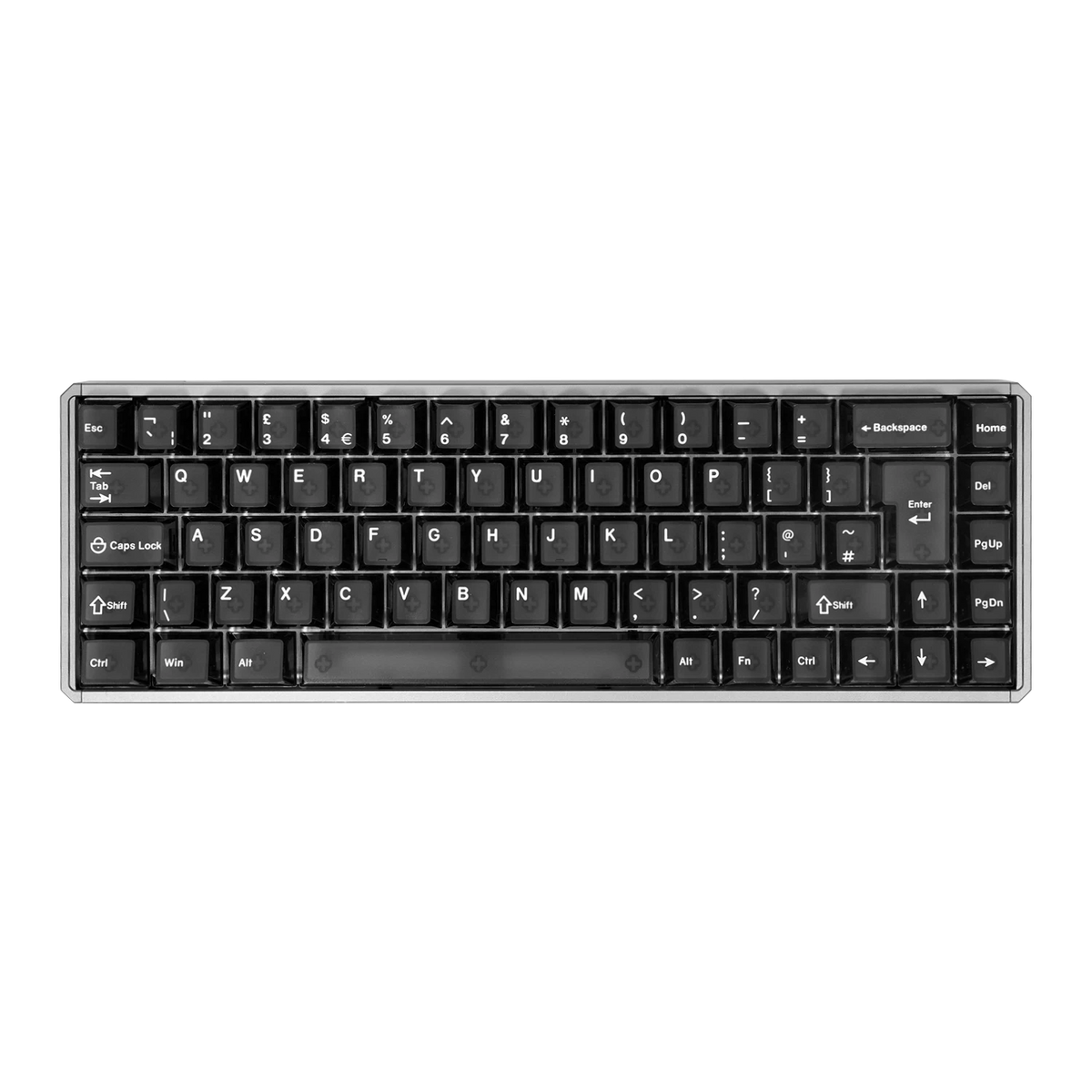 A compact, full-sized mechanical keyboard with black keycaps and a silver aluminum frame, shown from a top-down perspective on a solid white background.