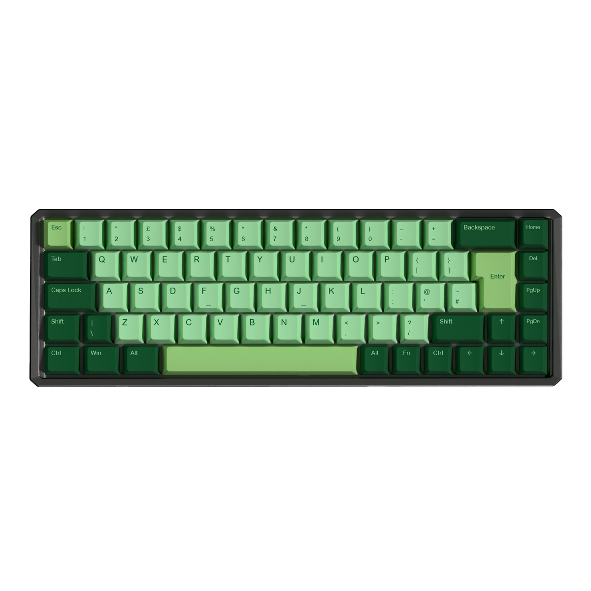 A 75% mechanical keyboard with a black frame and a gradient keycap design transitioning from dark green to light green, shown against a plain white background.
