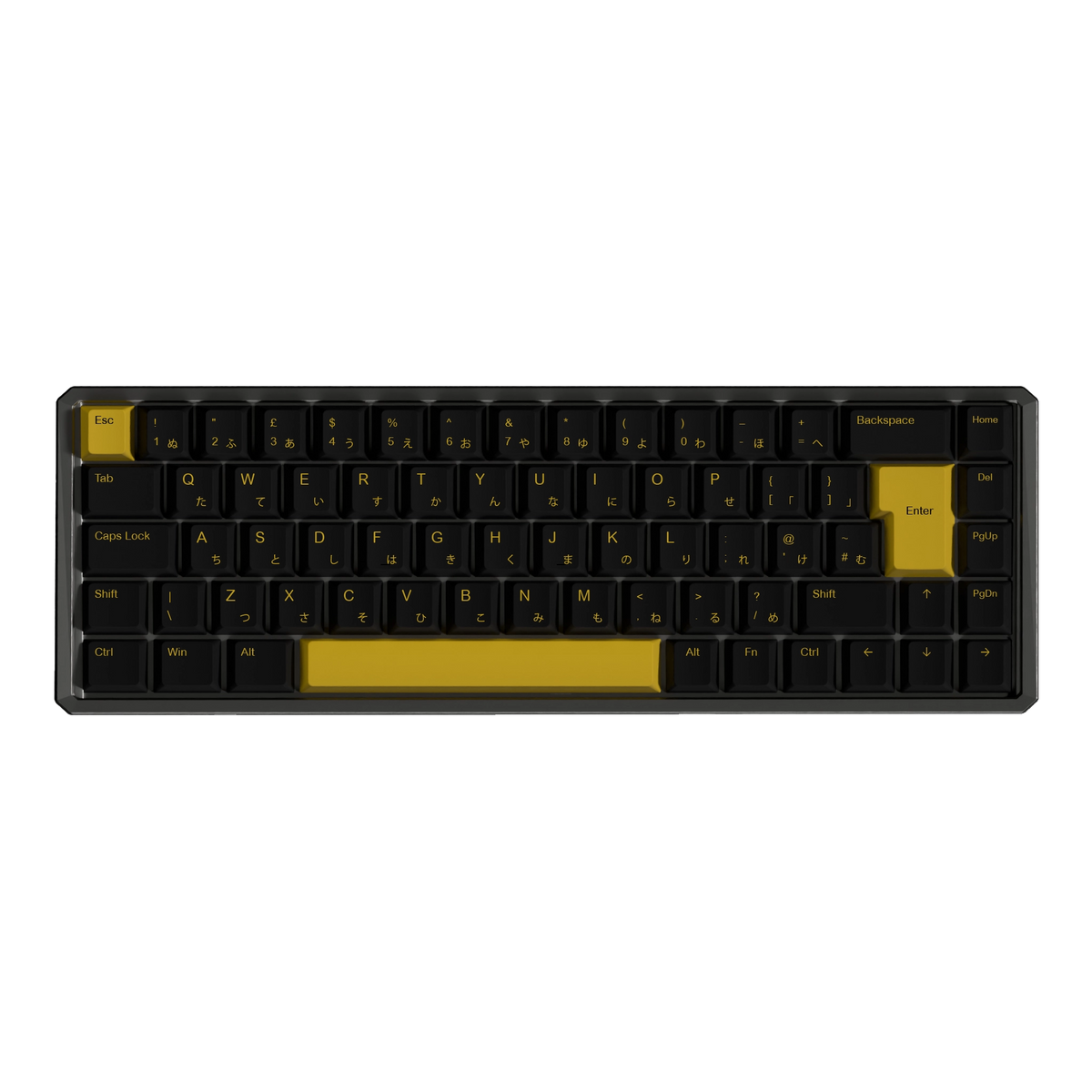 A compact mechanical keyboard with a black body and yellow keycaps, shown from a top-down perspective on a solid white background.