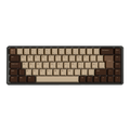A full-sized mechanical keyboard with a dark brown frame and keys in a warm beige and dark brown gradient, shown from a top-down perspective on a white background.
