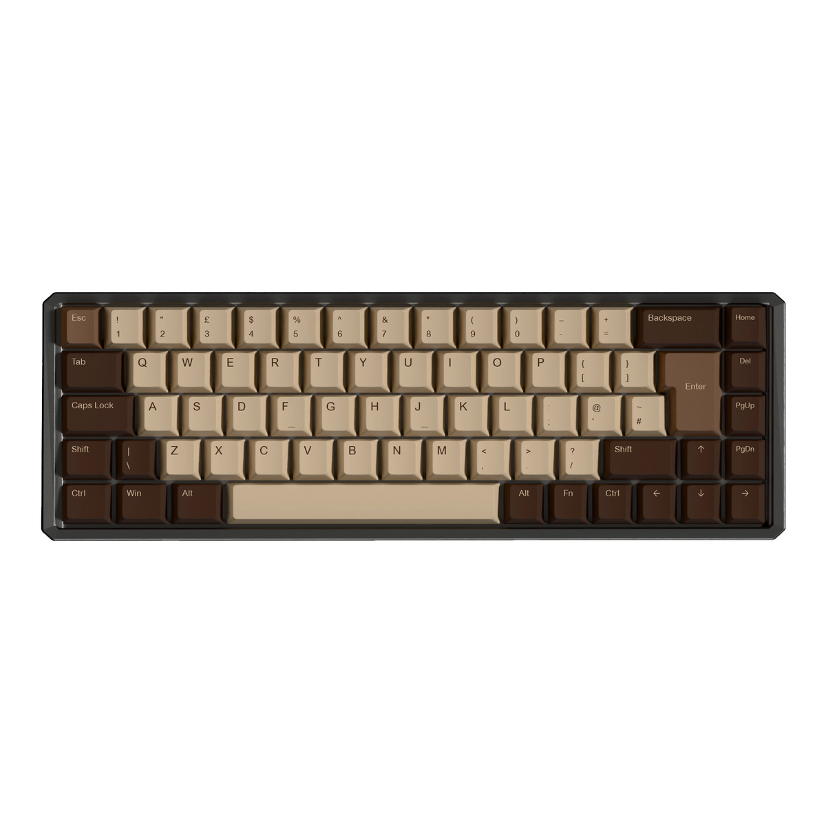 A full-sized mechanical keyboard with a dark brown frame and keys in a warm beige and dark brown gradient, shown from a top-down perspective on a white background.