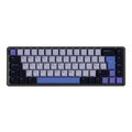 A compact mechanical keyboard with a black frame and a custom keycap layout featuring light gray, dark gray, and vibrant blue accents.
