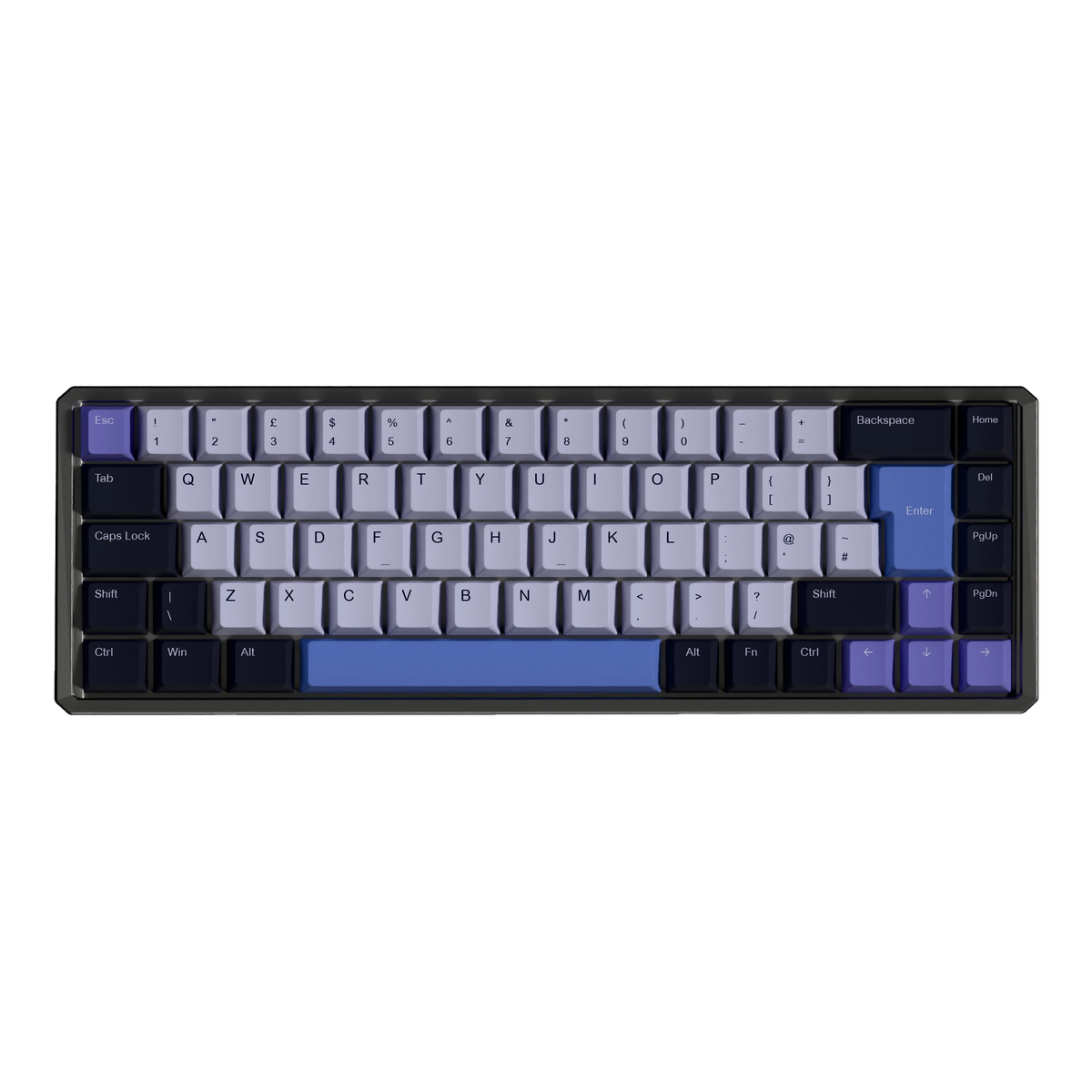A compact mechanical keyboard with a black frame and a custom keycap layout featuring light gray, dark gray, and vibrant blue accents.