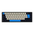 A 75% mechanical keyboard with cream-colored keycaps, blue accent keys, and a black frame, shown against a plain white background.