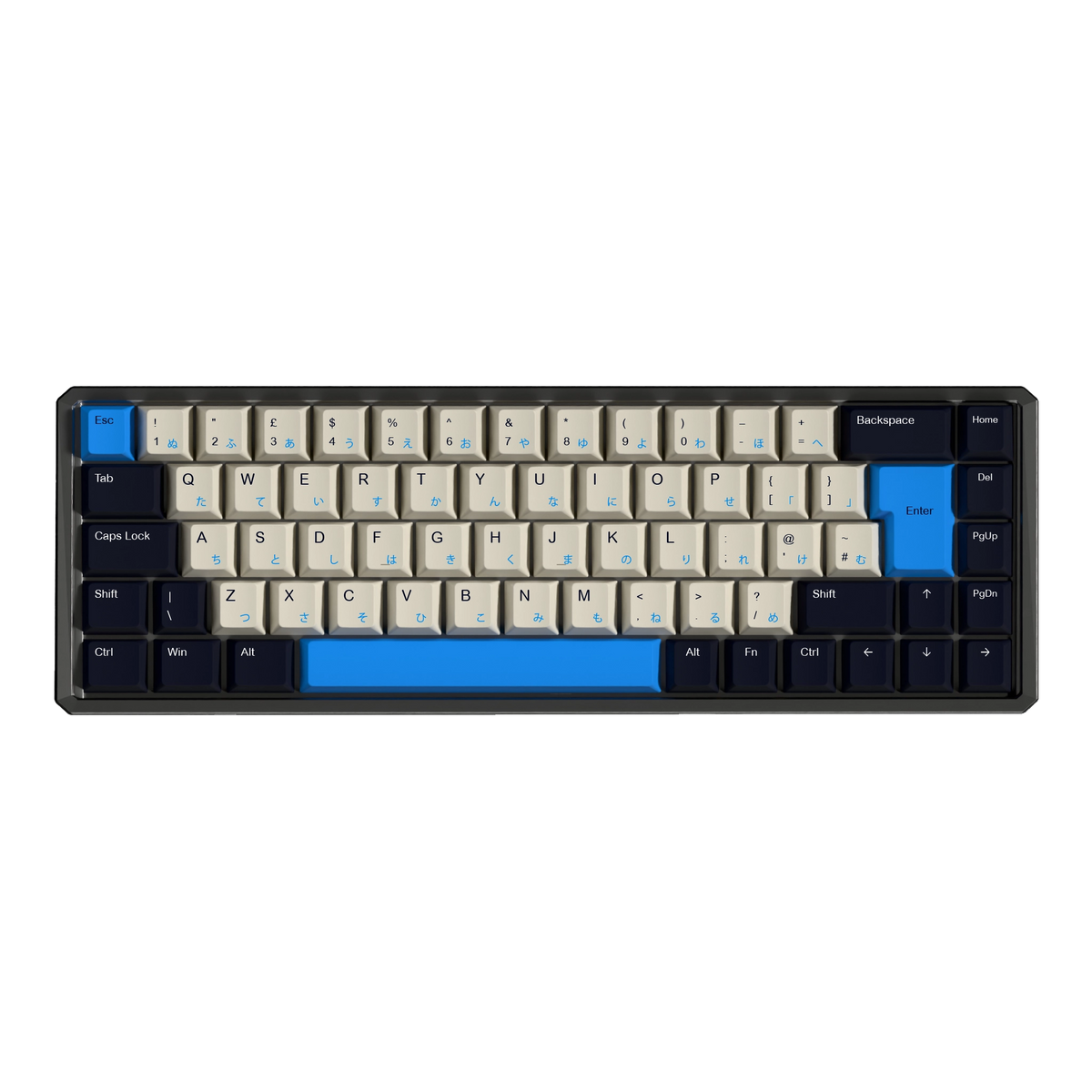A 75% mechanical keyboard with cream-colored keycaps, blue accent keys, and a black frame, shown against a plain white background.