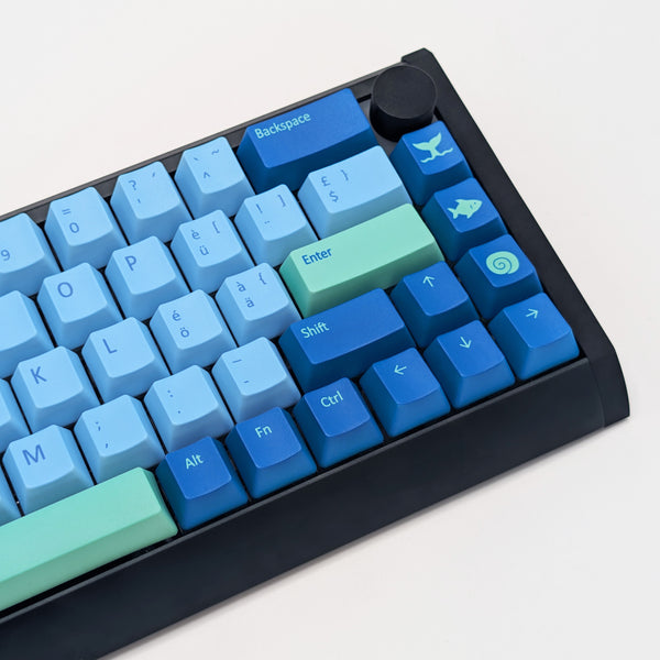 A close-up of a mechanical keyboard with a black case and custom keycaps in shades of blue, light blue, and mint green, photographed on a clean off-white background.