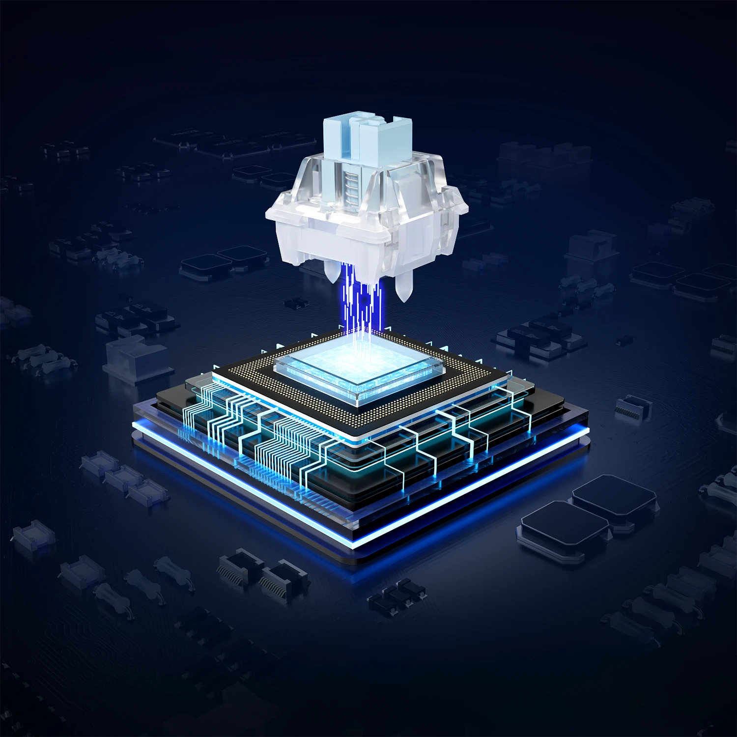 A 3D-rendered mechanical keyboard switch floating above a stylized processor chip, with glowing blue circuit lines and a dark tech-themed background.