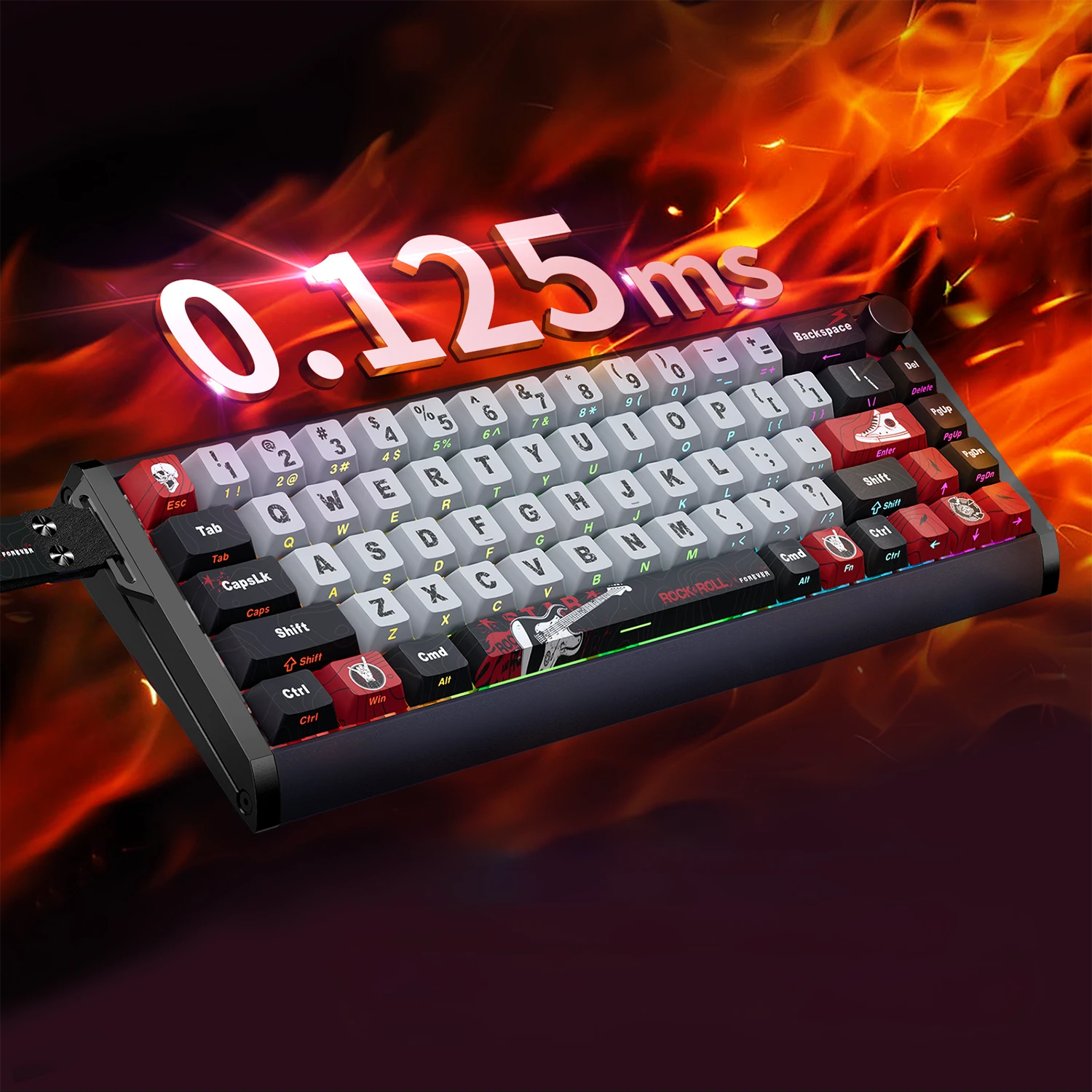 A gaming mechanical keyboard with a black and gray keycap layout, red modifier keys, and RGB backlighting, shown floating over a dramatic orange flame background with the text '0.125ms' above it.