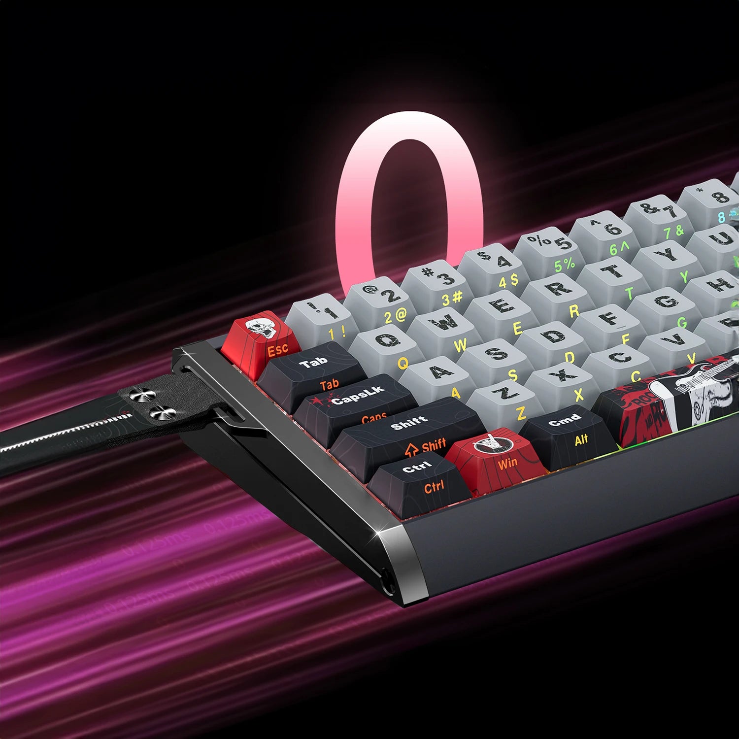 A close-up of a gaming keyboard with a black chassis, gray keycaps, and red modifier keys, shown against a dark background with pink and purple light streaks and a glowing pink 'O' shape.