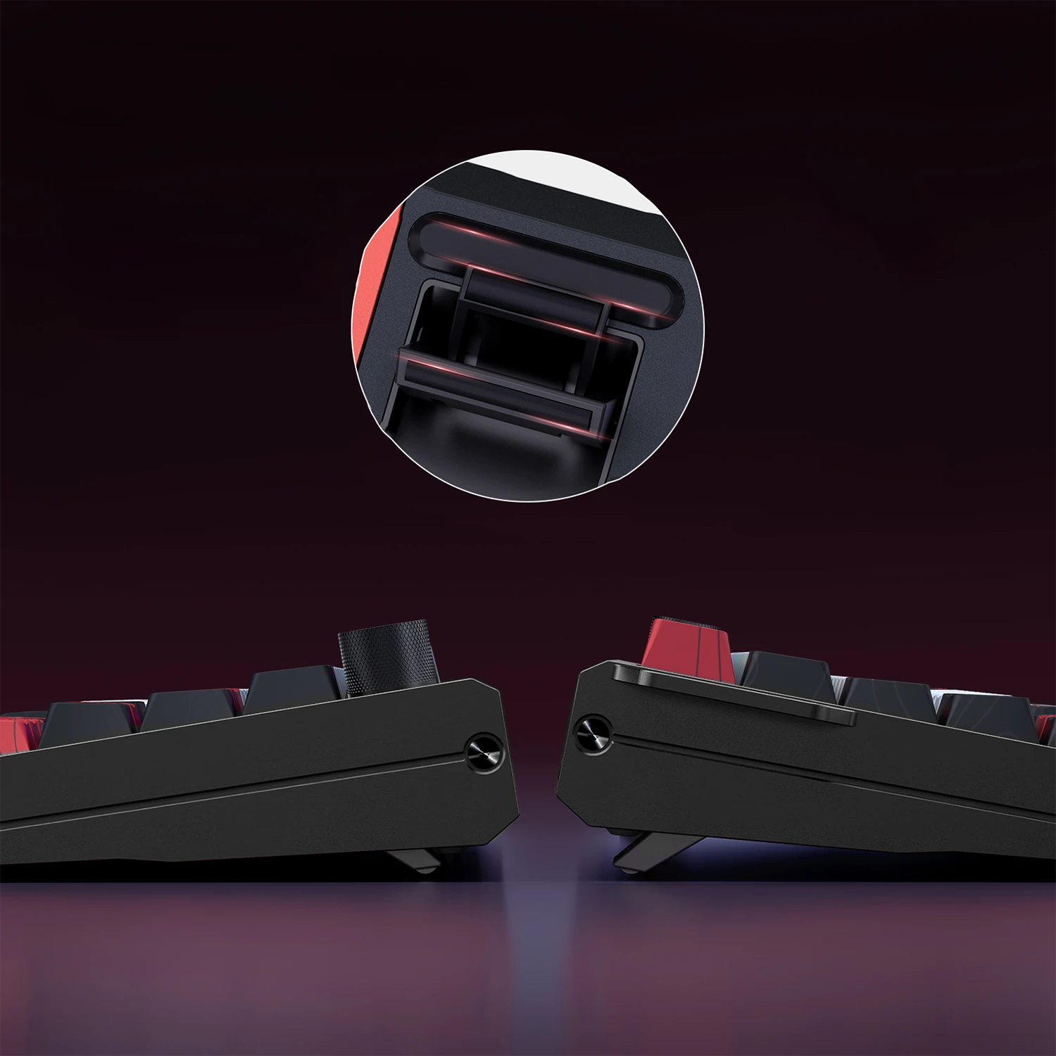 A close-up product render of a mechanical keyboard showing the side profile and a circular inset detail of the keycap switch area, with a dark red and black color scheme on a dark gradient background.