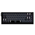 A top-down view of a black mechanical keyboard with white legends and multicolored RGB keycap accents, isolated on a white background.