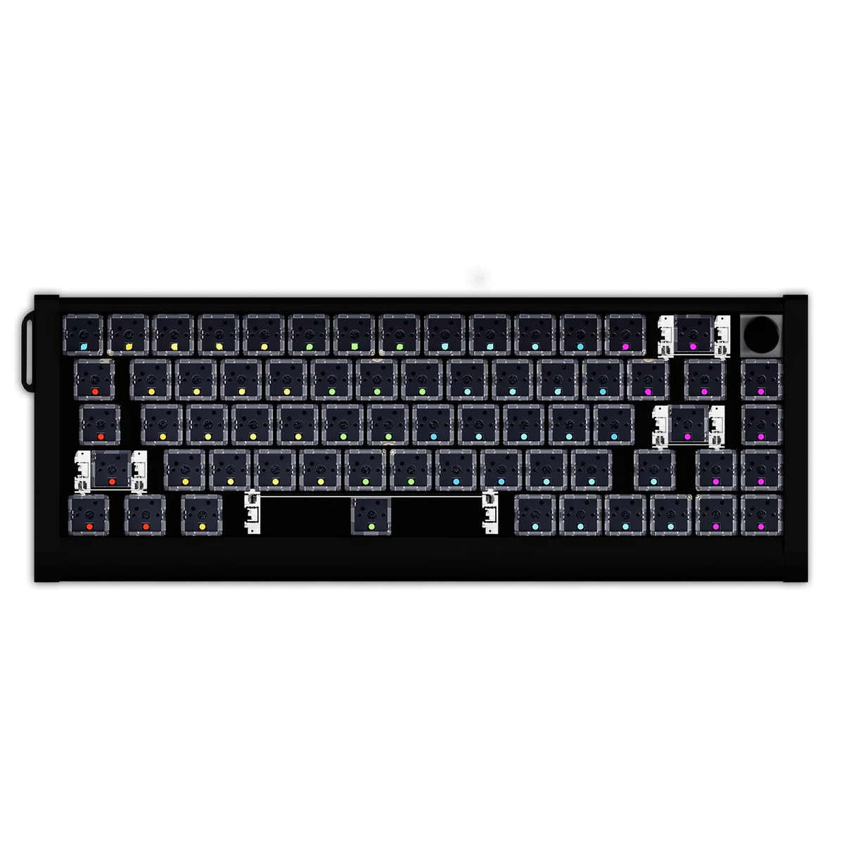 A top-down view of a black mechanical keyboard with white legends and multicolored RGB keycap accents, isolated on a white background.